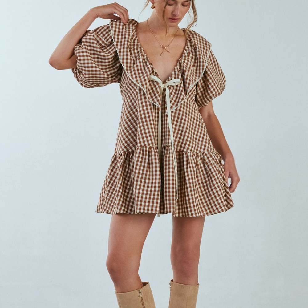 For Love & Lemons Brown and White Gingham Ruffle Dress